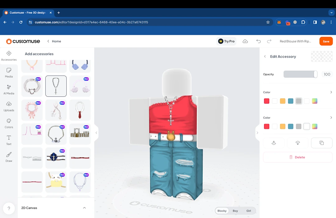 A screenshot of Customuse web Editor interface showing the newest 2D accessories published for Roblox with a preview on a Roblox avatar.