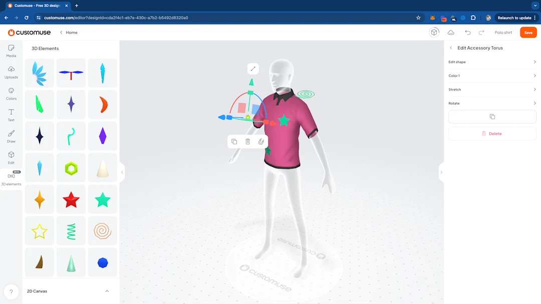A screenshot of Customuse Editor showing many 3D accessories applied to a Polo shirt design
