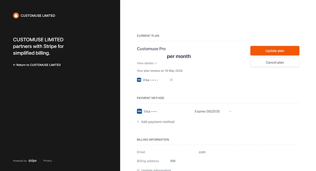 Stripe Cancel Subscription screenshot showing how to cancel subscription on the Customuse web app