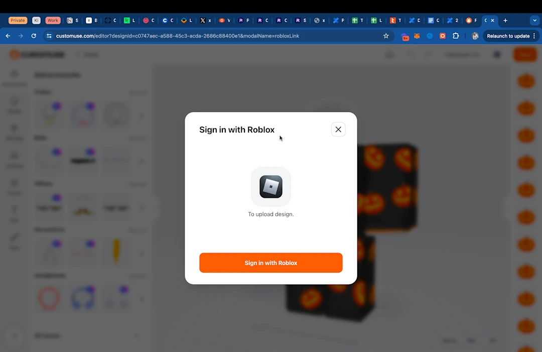 Screen that requests that user signs in to Roblox in the Customuse editor