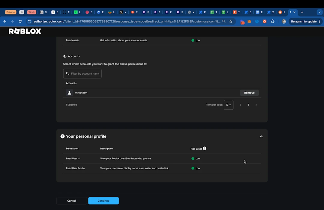 Select Roblox account to upload design us (selected state)