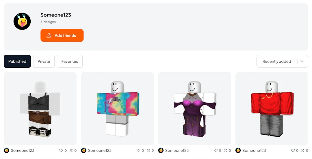 An image of a user's profile page on the custom platform, featuring a Roblox Shirt design and the creator's name.