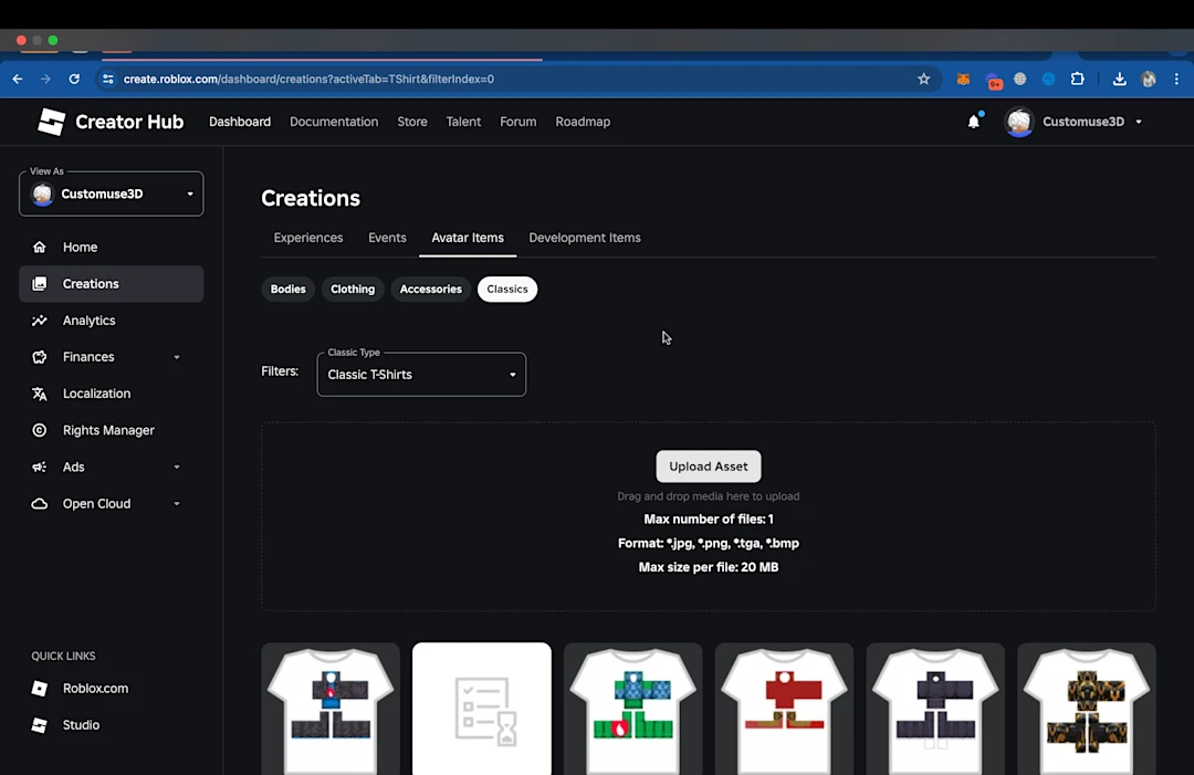 Additional step to find Classics in the Roblox 2D upload flow on Roblox website