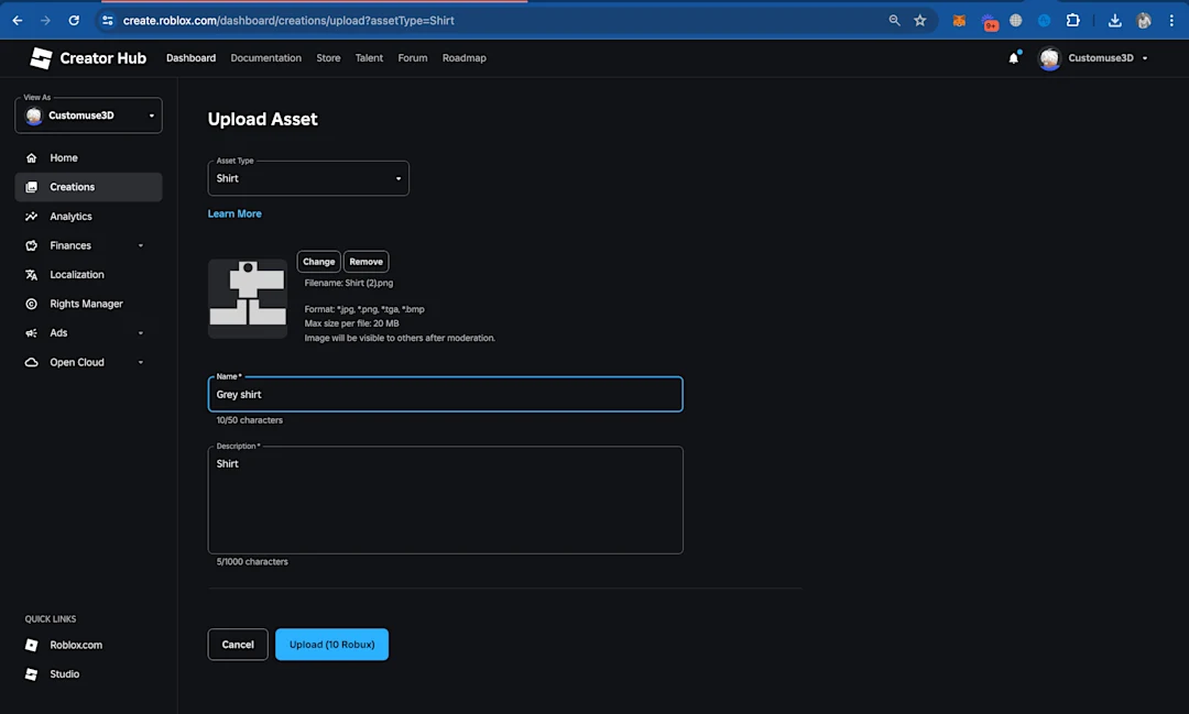 Step 3 of the Roblox 2D upload flow from Customuse
