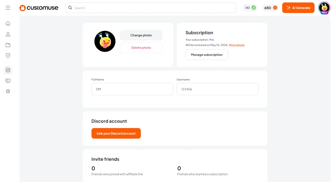 Settings page screenshot with Manage Subscription button