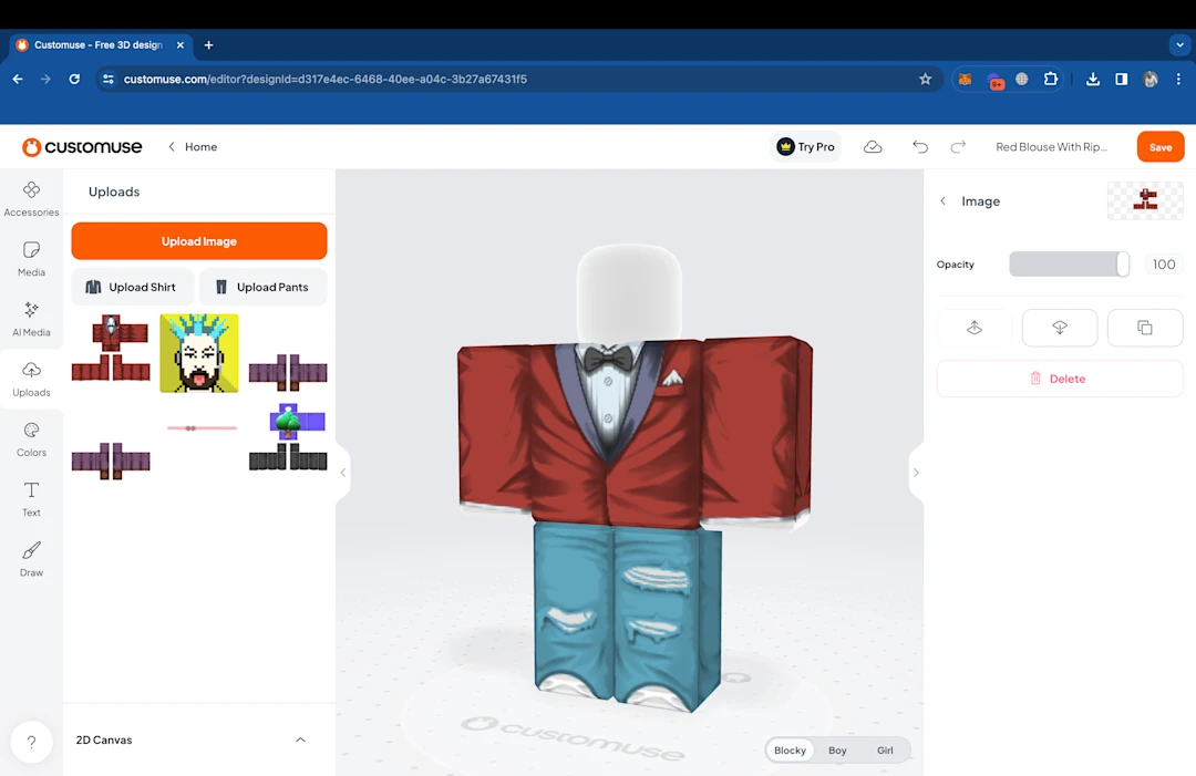 This is a screenshot of Customuse Web Editor showing the interface for uploading Roblox Shirt or Roblox pants directly from my uploads so that they are placed automatically on the design and the user doesn't have to move or re-scale them.